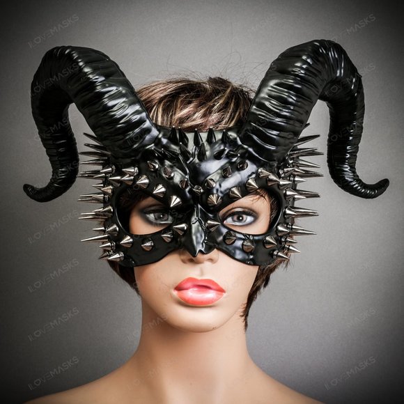 Demon Steampunk Spikes Devil with Back Twisted Horns Masquerade Eye Mask Black - Picture 2 of 6